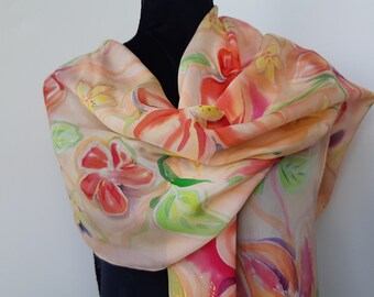 Hand Painted Floral Silk Scarf, Crepe de Chine Shawl: 180 x 45 cm