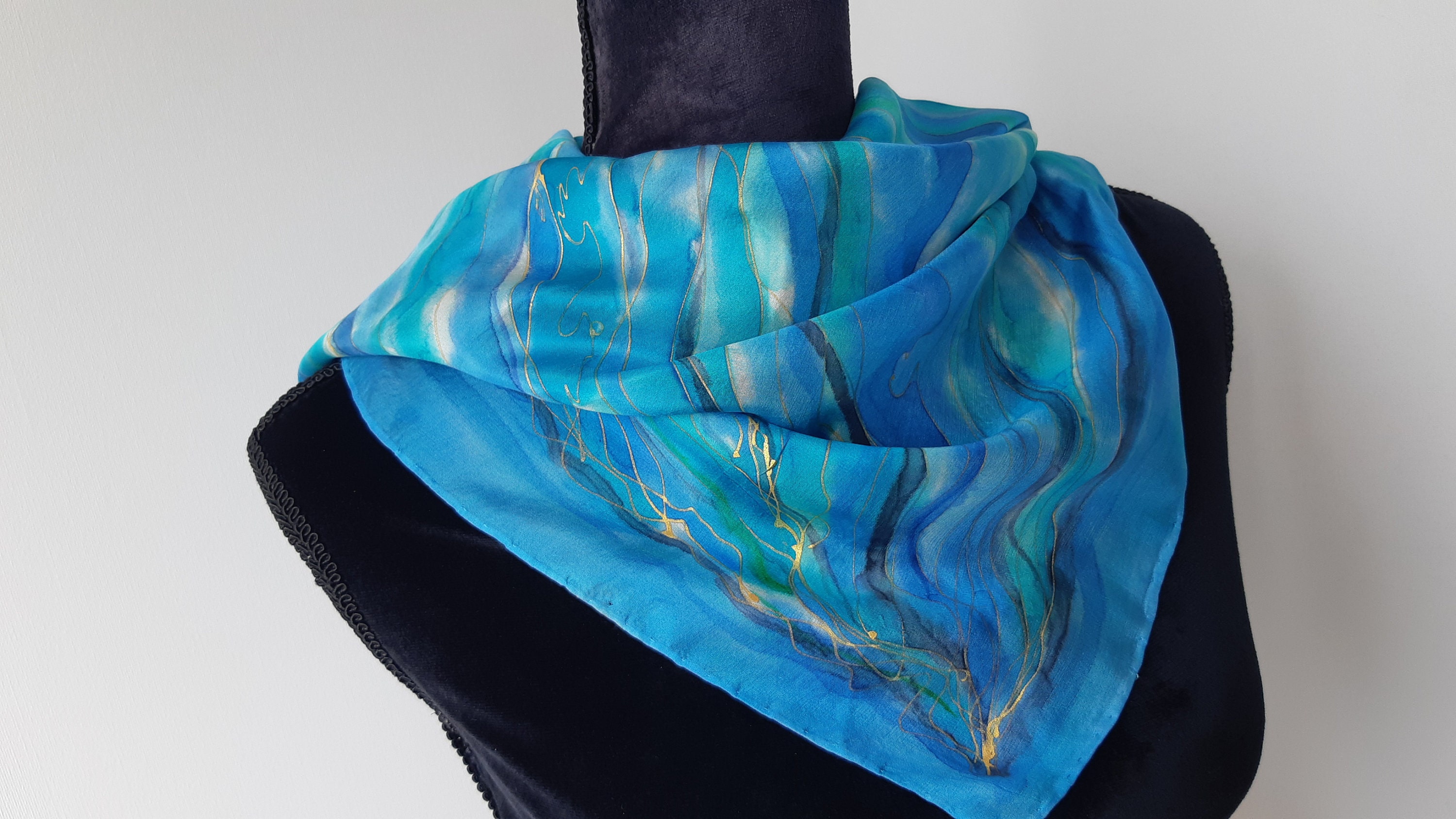 小物 Hand Printed Silk Scarf - blue Blue Hand Painted Small Silk Scarf, Abstract: 55 X 55 Cm - Etsy