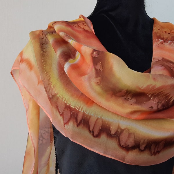 Hand Painted Amber Silk Scarf Golden Brown Abstract Spiral Design. Crepe de Chine écharpe en soie. Ochre, Tan 18x71 in Scarf