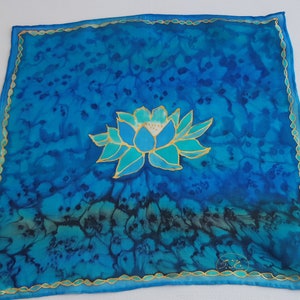 Hand Painted Silk Pocket Square. Blue and Golden Lotus Design. 11x11 in Pocket Square. Yoga Decor. Original Design Hanky, Gift For Men