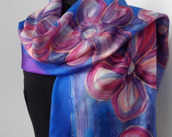 Hand Painted Silk Scarf, Cherry Blossoms, Purple Blue: 180 x 45 cm