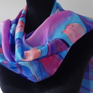 Tulips Silk Scarf Hand Painted. 18x71 in.&#39;Tulip Field&#39; Long Designer Scarf Hand Painted Tulips. Purple Tulip Scarf.  Foulard en Soie