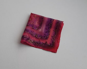 Hand Painted Pocket Square, Original Design 11x 11 inch Pocket Square in Purple and Cranberry Colors. Luxury Hanky made by Artist