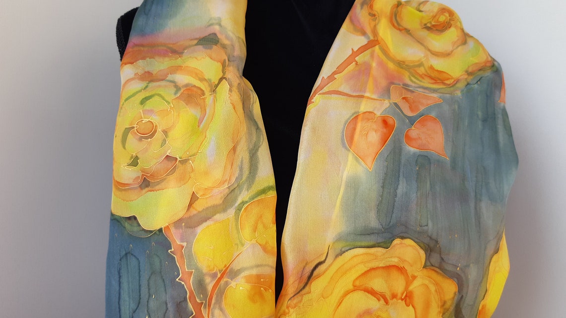 Yellow Roses Silk Art Scarf Hand Painted. Inspired by Roses. Etsy