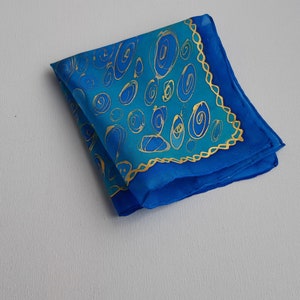 Hand Painted Silk Mens Pocket Square. Blue and Golden Design. 11x11 in Pocket Square. Original Design Hanky, Gift For Men