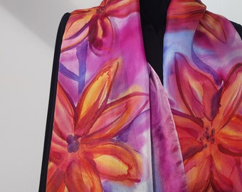 Floral Hand Painted Silk Scarf for Ladies. Long Floral Shawl. Luxury Silk Scarf Orange Flowers. 18x71 in Long Scarf. Silk Art To Wear