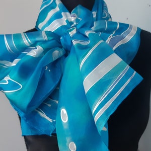 Blue and White Hand Painted  Silk Scarf for Ladies. Blue Silkscarf, Painted by Sirje. 18x71 in Scarf, Elegant Blue Shawl, Designer Scarf