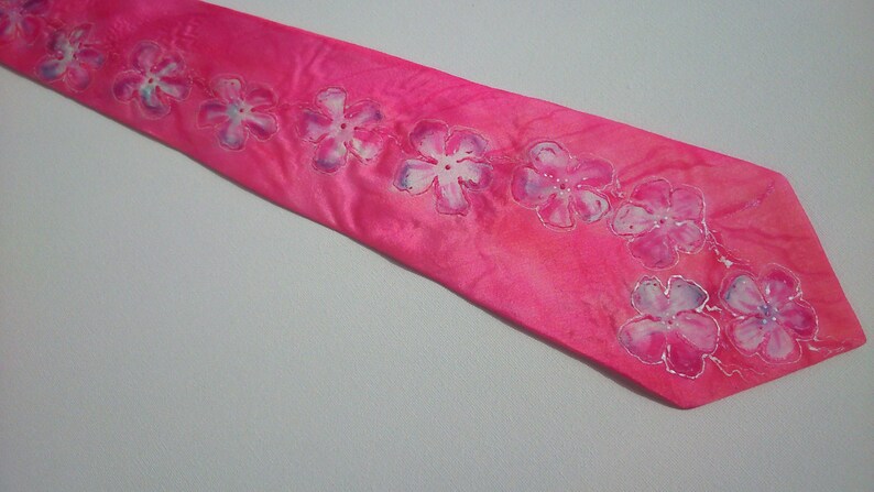 Pink and White Blossom Hand Painted Silk Necktie. Pink Original ...