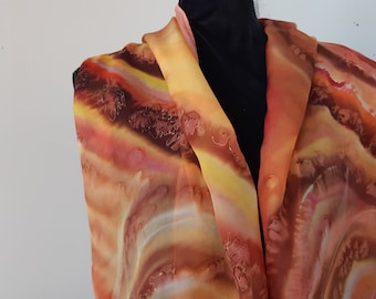 Hand Painted Amber Silk Scarf, Abstract Crepe de Chine : 180 x 45 cm