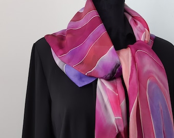 Hand Painted Silk Scarf, Abstract Crepe de Chine, Purple Plum Magenta, 90 x 90 cm