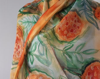 Hand Painted Silk Scarf, Berries, Golden Autumn Colors. 180 x 45 cm