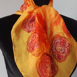 Roses Silk Scarf Hand Painted. Red Roses Goldenrod, Orange. Hair Accessories, Neckerchief. 29x29 in Scarf. Yellow and Orange Silk Scarf