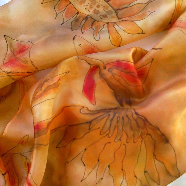 Neutral Tones Hand Painted Silk Scarf for Ladies. Sunflowers Painted.  Hazel Beige, Terracota, Green. 14 x 51. in Scarf. Silk Art To Wear