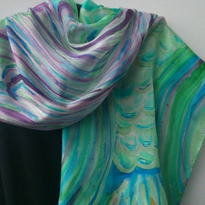 Hand-Painted Mermaid Silk Scarf, Green Lilac Batik Art Shawl: 180 x 45 cm