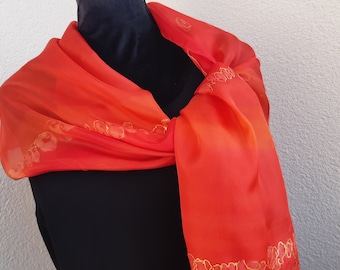 Red and Gold Hand Painted Silk Scarf. Coral, Red, Orange. 18x 71 in Scarf. Elegant Feminine Silk Scarf. Foulard Soie.