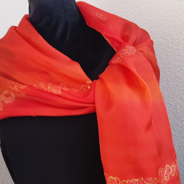 Red and Gold Hand Painted Silk Scarf. Coral, Red, Orange. 18x 71 in Scarf. Elegant Feminine Silk Scarf. Foulard Soie.