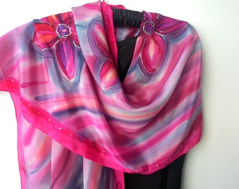 Hand Painted Floral Silk Scarf, Magenta Purple Grey Crepe de Chine (45 x 180 cm)
