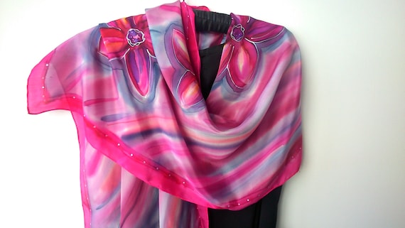 Hand Painted Floral Silk Scarf, Magenta Purple Grey Crepe de Chine (45 x 180 cm)
