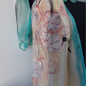 Blooming Sakura Scarf, Hand Painted Chiffon for Ladies. Cadeau pour Elle, Art Scarf. Sakura Long 18x71 Painted Scarf, Gift Art Scarf image 8