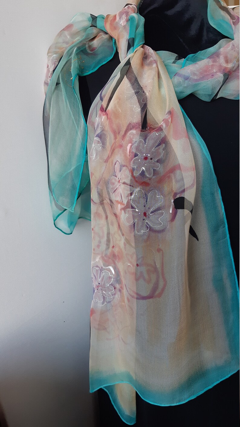 Blooming Sakura Scarf, Hand Painted Chiffon for Ladies. Cadeau pour Elle, Art Scarf. Sakura Long 18x71 Painted Scarf, Gift Art Scarf image 8