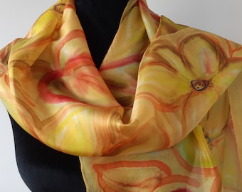 Hand Painted Yellow Silk Scarf, Floral Watercolor Art, 18x59 inch, 45x150 cm