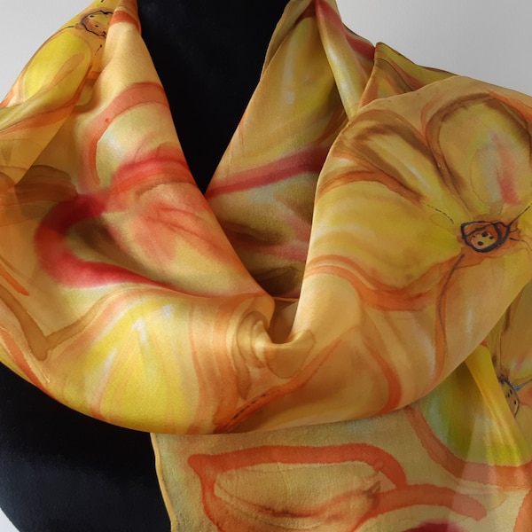 Yellow Hand Painted Silk Scarf.  Yellow Marigold Painted Watercolor. 18 x 59 in Scarf. Hand Painted Designer Scarf, OOAK Art Scarf