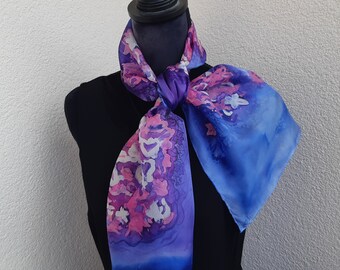 Hand Painted Silk Scarf, Pink Cherry Blossoms, Blue Art to Wear 130 x35 cm