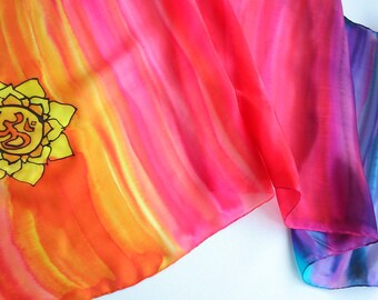 Hand Painted Om Mandala Silk Scarf, Yoga Meditation Scarf: 130 x 35 cm