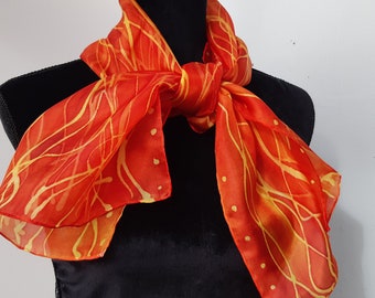 Orange Hand Painted Fashion Silk Scarf for Ladies. Orange, Red, Yellow. Foulard 14 x 51 in Scarf OOAK Wax Batik Designer Scarf by Artist.