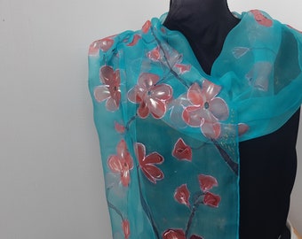 Hand Painted Sakura Chiffon Scarf, Floral Art: 180 x 45 cm