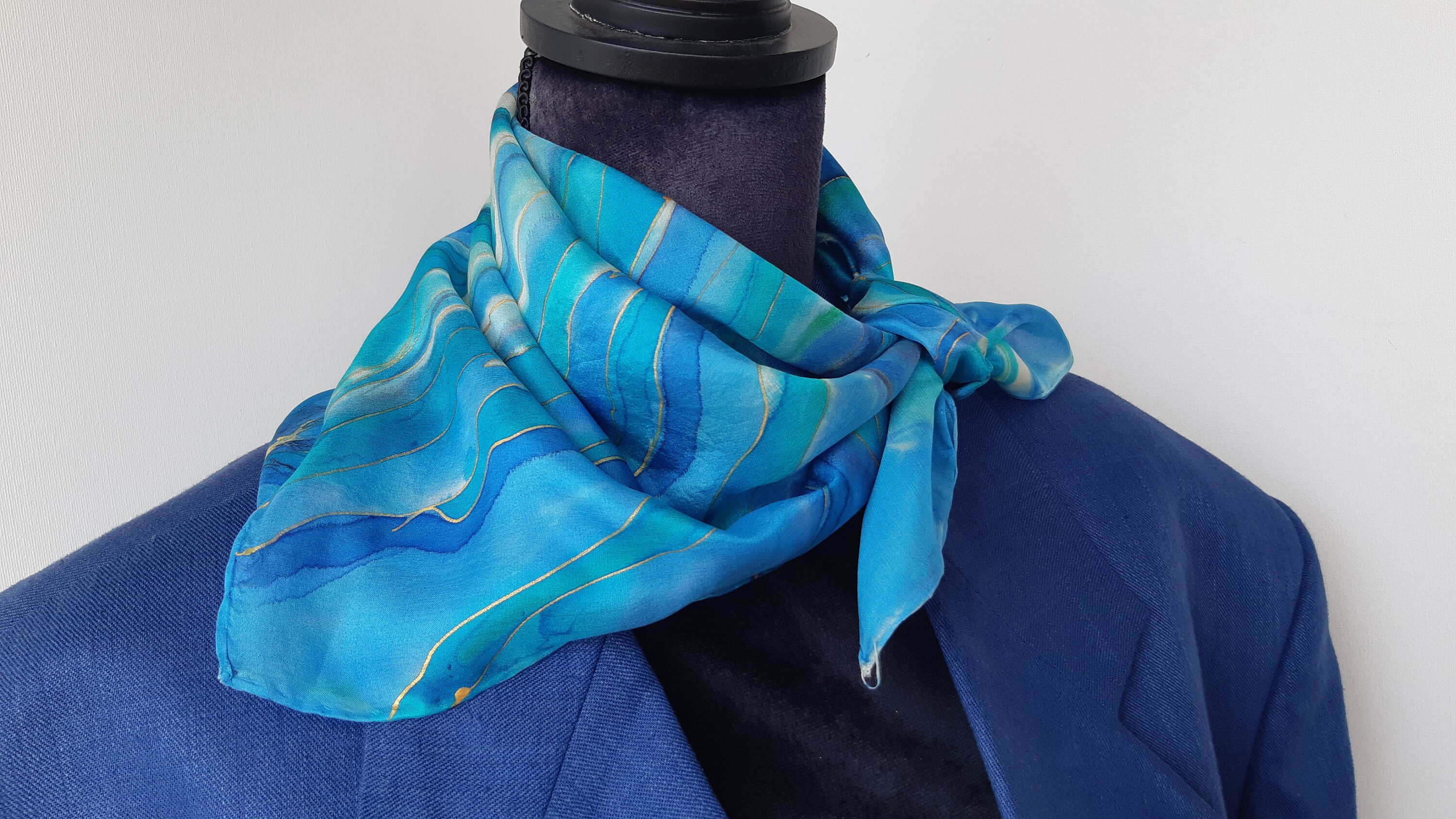 Blue Silk Scarf, Hand Painted Scarf, Blue, White. 22