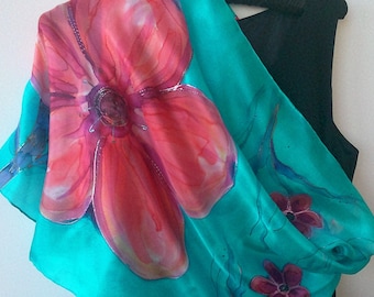 Hand Painted Silk Scarf, Pink Blossom Art Shawl, 180 x 45 cm