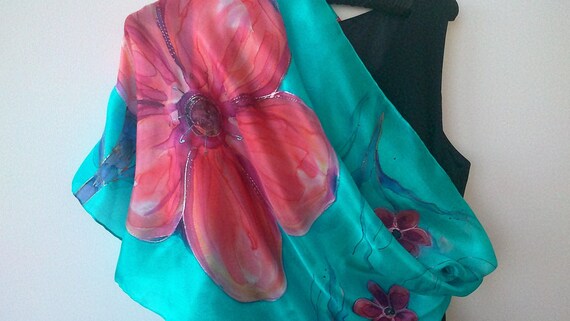 Hand Painted Silk Scarf, Pink Blossom Art Shawl, 180 x 45 cm
