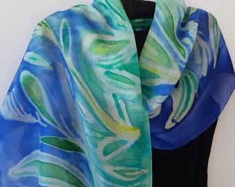 Hand Painted Silk Scarf, Green Blue Batik Art, Luxury Shawl: 180 x 45 cm