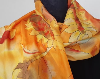 Hand Painted Silk Scarf, Sunflowers, Orange Terracotta: 150 x 40 cm