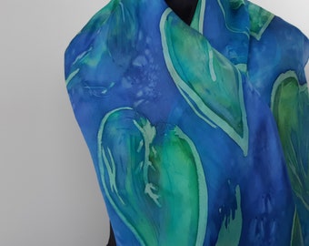 Wax Batik Blue Silk Scarf for Ladies. Green Leaves, Hand Painted Silk Scarf. Long 18x71 inch Silk Shawl. OOAK Fashion Scarf