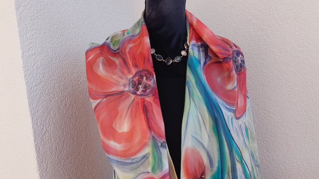 Foulard in seta dipinto a mano con papaveri per Papaveri