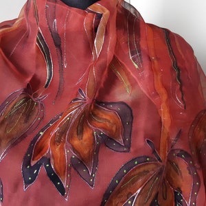 Pink and Plum Hand Painted Sheer Chiffon Silk Scarf for Ladies. Pink,Purple, Orange Flowers. 18x71 Original Chiffon Gift Scarf