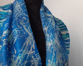 Hand-Painted Batik Silk Scarf, Blue Cyan Turquoise, Art Scarf 150 x 40 cm