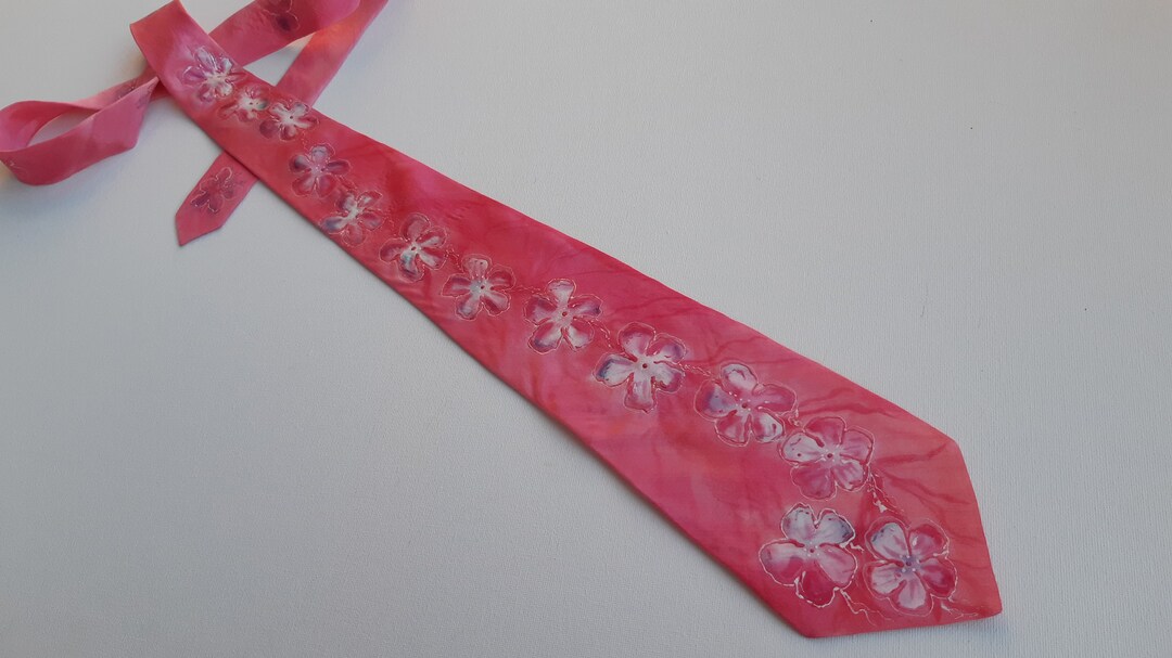 Pink and White Blossom Hand Painted Silk Necktie. Pink Original ...