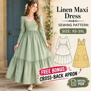 Puede incluir: Un vestido largo de lino color verde salvia con mangas largas y escote cuadrado. La imagen incluye el texto Linen Maxi Dress SEWING PATTERN SIZE: XS-3XL, un dibujo del vestido y un delantal amarillo con flores y el texto FREE BONUS.