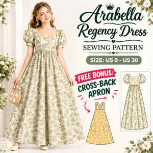 Può includere: Un cartamodello per un abito Regency Arabella con scollo quadrato e maniche a sbuffo, caratterizzato da una stampa floreale verde. Il modello include le taglie da US 0 a US 30 e un modello bonus per un grembiule con stampa a margherite gialle.