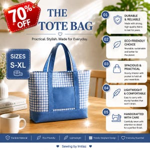 May include: A blue and white gingham tote bag with a solid blue base, two handles, and a front pocket. The image includes text such as THE TOTE BAG, SIZES S-XL, and five numbered points detailing features like durable, eco-friendly, and spacious.