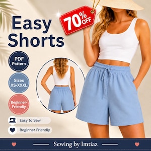 Puede incluir: Un patrón de costura en PDF para pantalones cortos de color azul claro con cintura elástica, cordón y bolsillos laterales. El gráfico incluye el texto Easy Shorts, 70% OFF, PDF Pattern, Sizes XS-XXXL, Beginner-Friendly, Easy to Sew y Sewing by Imtiaz.