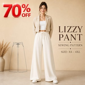 Könnte beinhalten: Ein Schnittmuster für die Lizzy-Hose, das eine Strichzeichnung einer weiten Hose mit Kordelzug in der Taille zeigt. Der Text lautet Lizzy Pant Sewing Pattern, Size: XS - 4XL. Das Bild zeigt eine cremeweiße Hose mit weitem Bein.