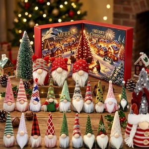 May include: A collection of small gnome figurines with tall pointed hats in various patterns and colours, arranged in front of a large red box featuring a winter village scene with the text Merry Christmas and a lit Christmas tree.