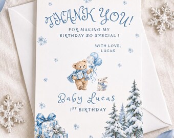 Biglietto di ringraziamento Winter ONEderland, Orsetto blu per il primo compleanno, Modello Canva modificabile, 4x6