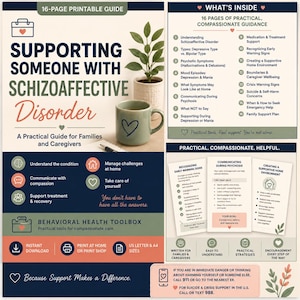May include: A 16-page printable guide titled Supporting Someone with Schizoaffective Disorder, featuring a light green mug with a heart, a potted plant, and sections detailing practical guidance, behavioral health tools, and crisis resources.