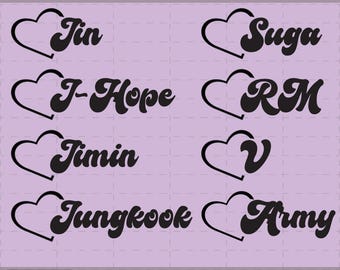 BTS-leden namen harten SVG | Kpop Cricut-bestanden (direct downloaden, png)