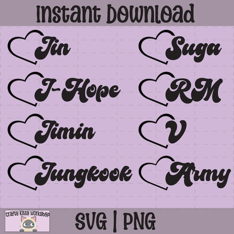 BTS Members Names Hearts SVG | Kpop Cricut Files (instant Download PNG ...